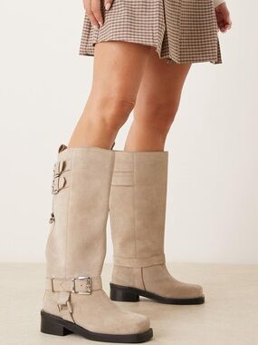 ASOS Taupe Knee-High Buckle Riding Boots